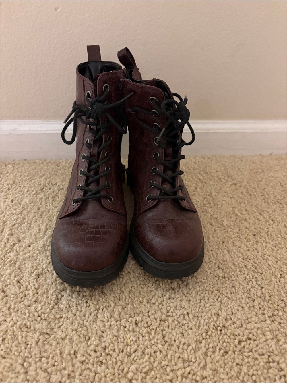 Burgundy Croc-Embossed Lace-Up Combat Boots